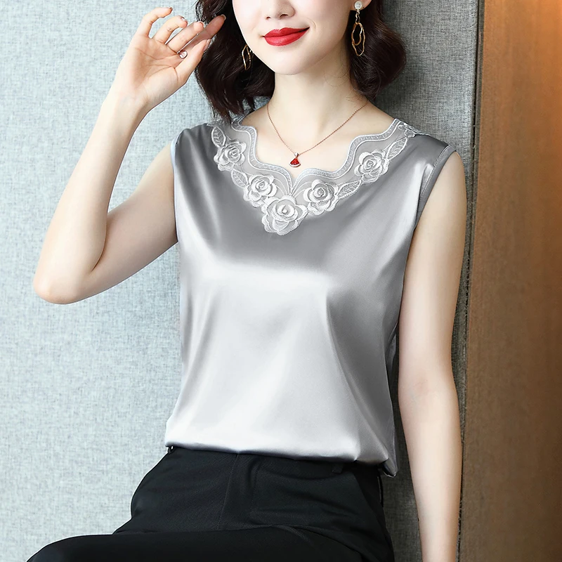 

Korean Silk Women Tops Woman Satin Tank Top Woman Embroidery Tops V Neck Basic Tees Women Silk Elastic Satin White Top Plus Size