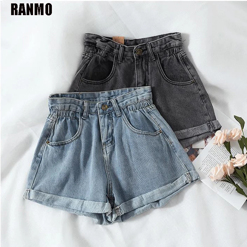 RANMO, nuevo verano, negro, pantalones cortos de mezclilla para mujer, moda coreana de talla grande, pantalones vaqueros ajustados de cintura alta, pantalones cortos elásticos holgados informales para mujer