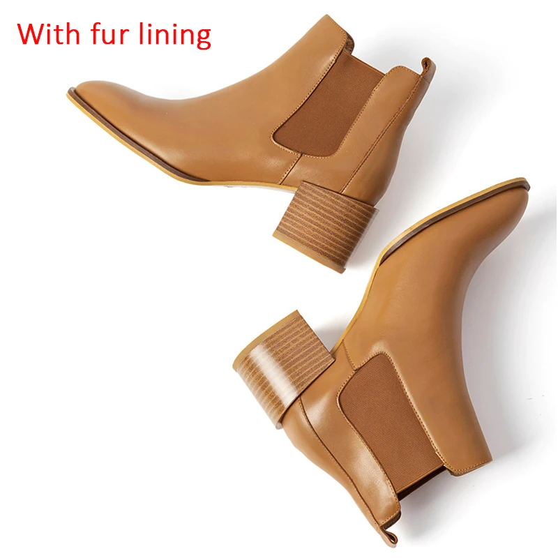 camel with fur linin Женские Классические ботинки челси на каблуке 5,5 см; ботильоны осень-зима - Цвет: camel with fur linin