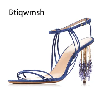 

2019 Blue Rhinestone Sandals Women Open Toe Narrow Band Ankle Strap Crystal Tassel Metal Thin High Heel Shoes Woman Sexy Party S