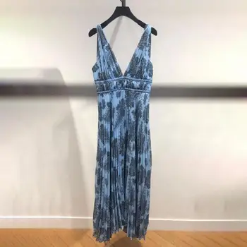 

2020 Summer Dress Women V-neck Backless Pleated Slim Waist Sleeveless Irregular Sling Midi Dresses