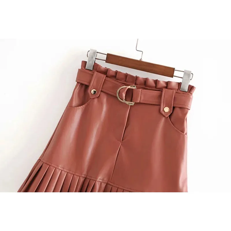 Ceny Stylowa elegancka spódniczka mini ze skóry pu z paskiem Za modne damskie spódnice z wysokim stanem plisowane spódnice casualowe w stylu streetwear Party Faldas