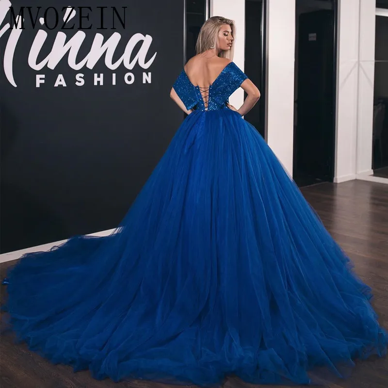 Robe de soiree ярко-синие вечерние платья длинное Тюлевое бальное платье с открытыми плечами и шлейфом строгие вечерние платья