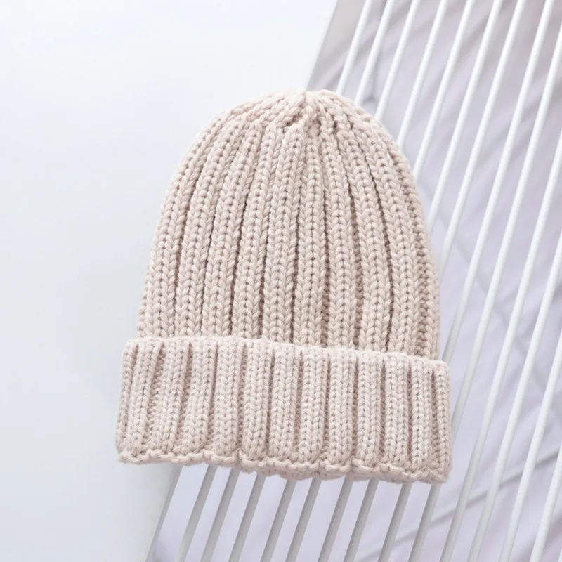 Однотонная детская зимняя шапка, теплая детская шапочка, вязаная детская шапка для мальчиков и девочек, зимняя детская шапка Skullies - Цвет: beige