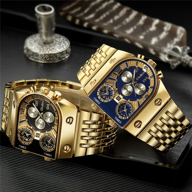 Oulm 9315 Golden Male Watch Three Time Zone Hours Men Quartz Wristwatches Luxury Brand Full Steel Military Watches