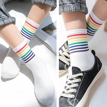 

Warm Cotton Elasticity Sweat Women's Long Socks Luxury Candy Color Rainbow Striped Sporty Casual Tid Retro Harajuku Socks