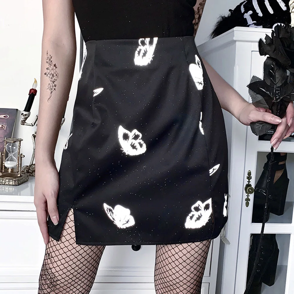 

Rosetic New Reflective Animal Print Women Skirt 2020 Gothic Butterfly Design Casual Mini Skirts High Waist Vintage Preppy Style