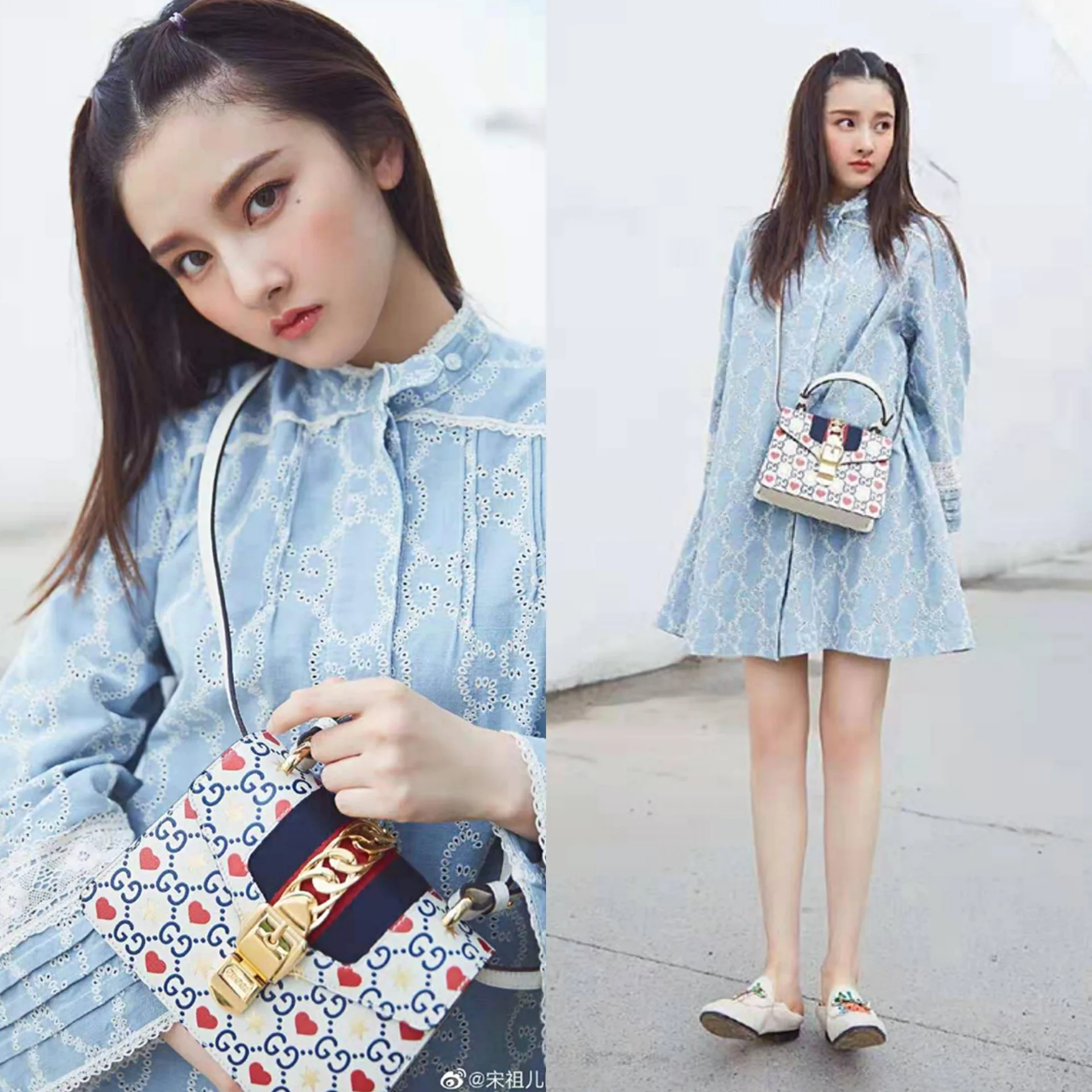 

2020 Spring New Style Star Song Joey Celebrity Style Light Blue Embroidery Loose-Fit A- line Skirt WOMEN'S Dress