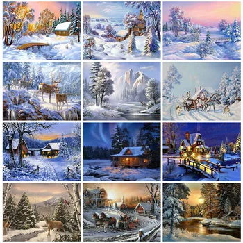 

Huacan Full Square Diamond Painting Snow Scene Diamond Mosaic Landscape Picture Rhinestone Painting Home Decor