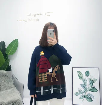 

Tops Pullover Sweater Loose Casual Women Cartoon Long Crew Neck O-neck Full Polyester Outer Year