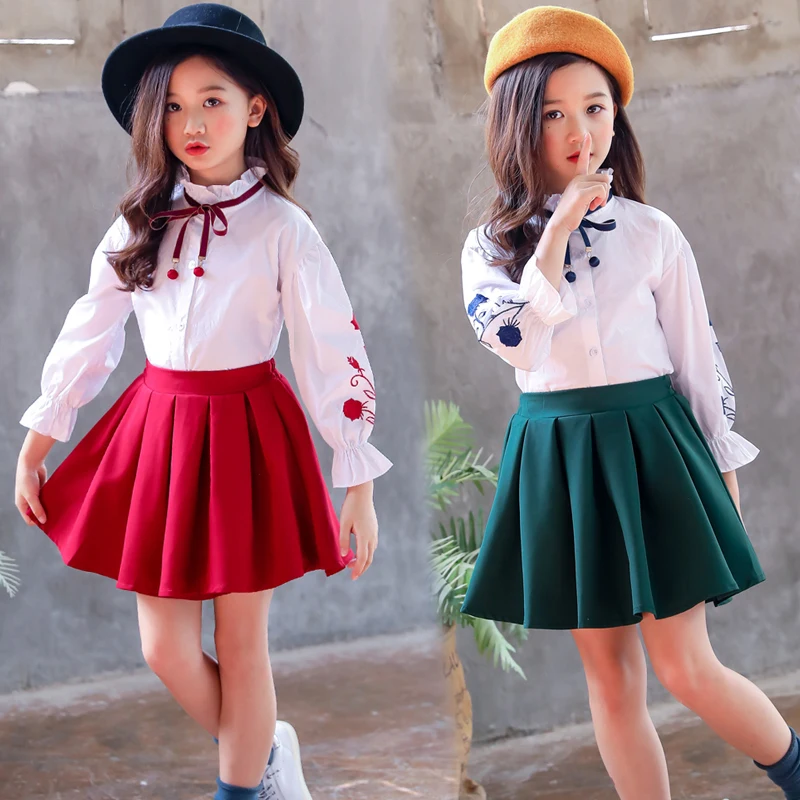 

Preppy Style Teen Girls Clothes Embroidery Floral Long Sleeve Shirts + Pleated Skirts 2PC Baby Kids Sets School Uniform Vestidos