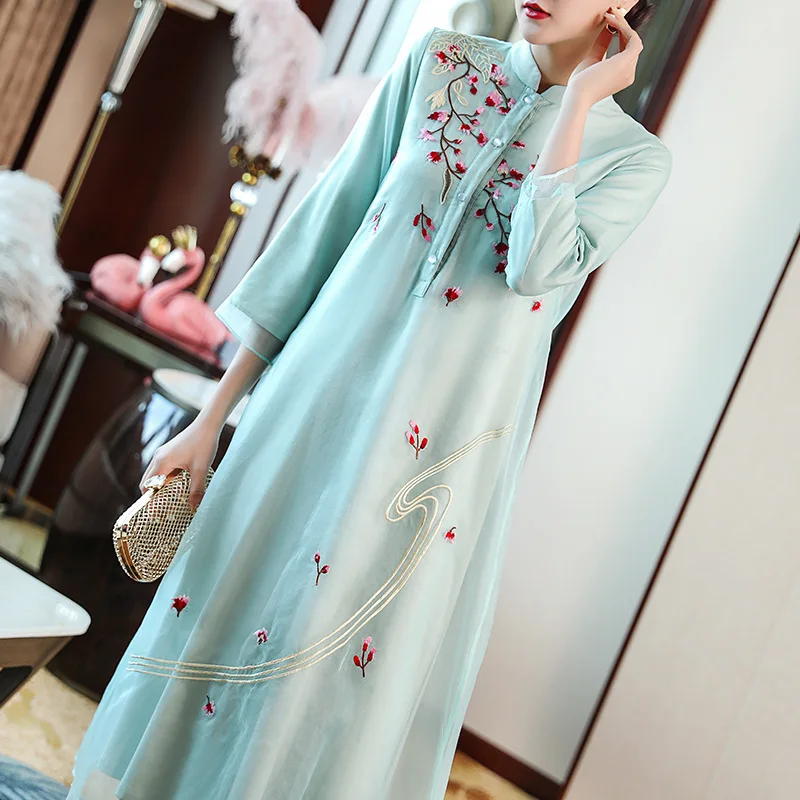 Винтажное платье женское весеннее и летнее элегантное модное китайское стильное воротник-стойка с вышивкой 3/4 рукав линия платье