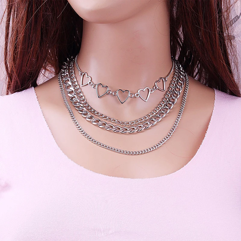 4pcs/Set Multi Layered Heart Chain Collar Choker Necklace for Women Punk Goth Aesthetic Cute Vintage Female Fashion Jewelry