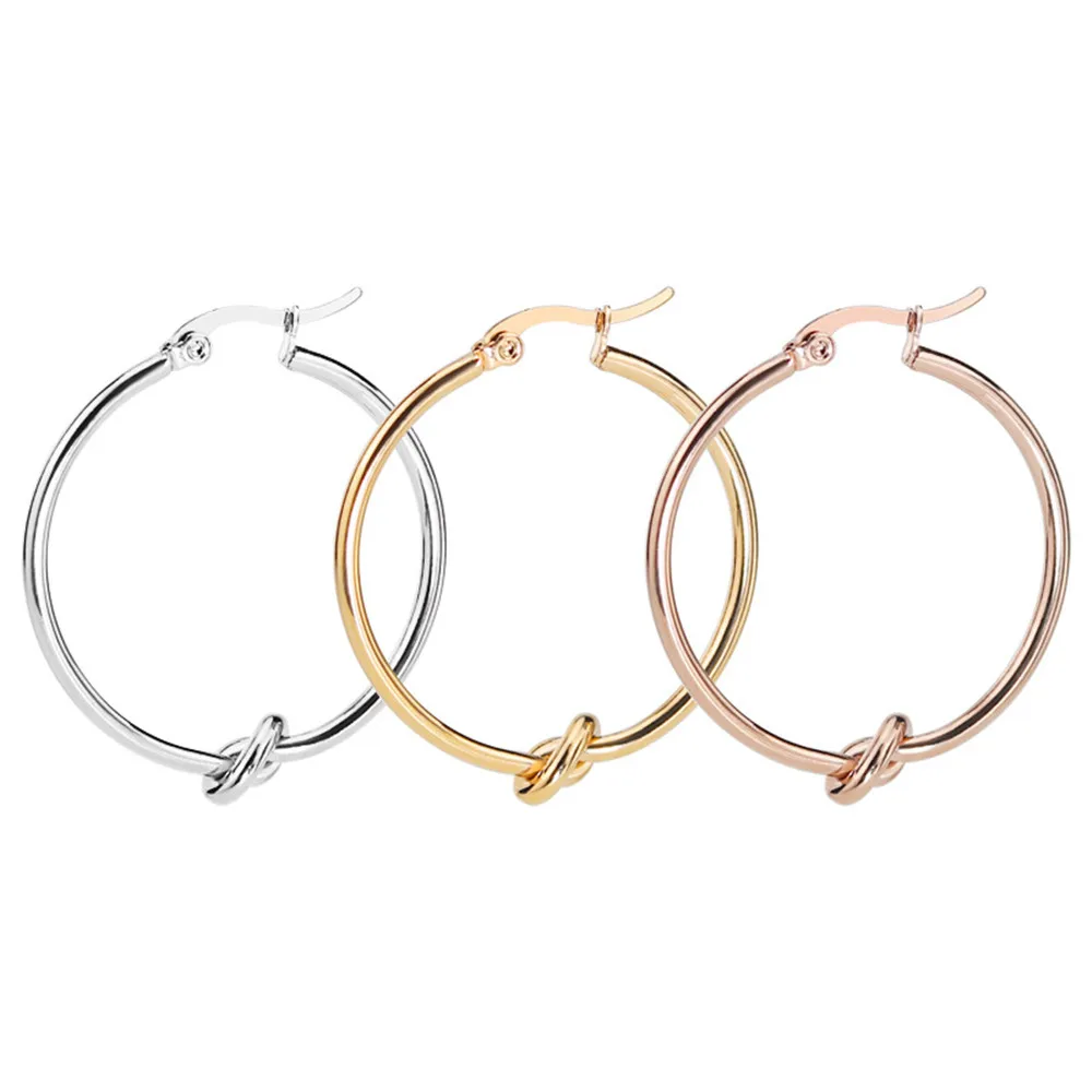 

Gold Tie Earrings For Women Stainless Steel Jewelry Woman Accessories Round Simple Line Silver Fashion Hoops Earrings Female