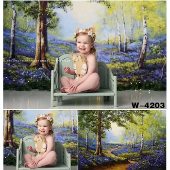 

Oil Painting Landscape Forest Background Footpath Purple Flowers Photoshoot Portrait Backdrop Studio Kids Newborn Baby Photos