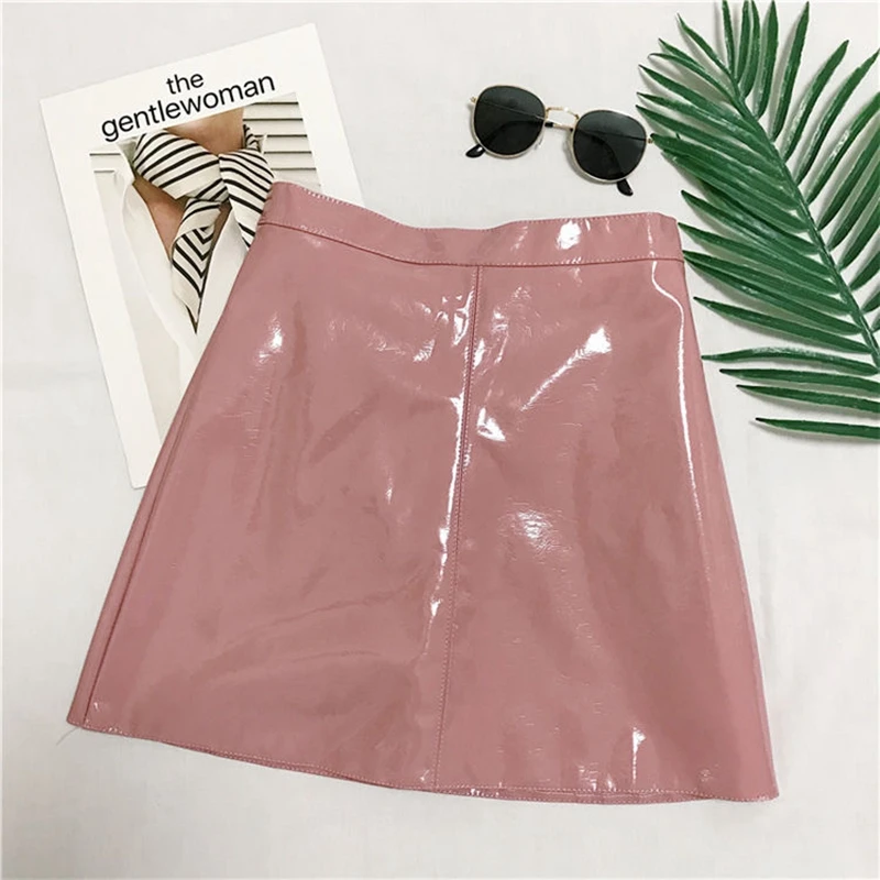 RuiLee Chic OL office Elegant Pencil Mini Skirts High Waist Bodycon Black PU Patent Glossy Leather Sheath Wrap Skirts Female