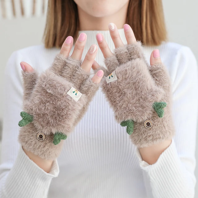 Faux Fur Fingerless Gloves Flip Cover Mittens Winter Warm Soft Half Finger  Mittens Faux Fuzzy Lined Wool Convertible Fingerless Gloves for Women Girls