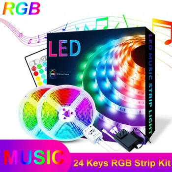 

16.4ft/32.8ft Music RGB LED Strip Light Kit, Built-in Mic, with 24Keys IR Remote Controller for TV Bedroom Kitchen Garden Home