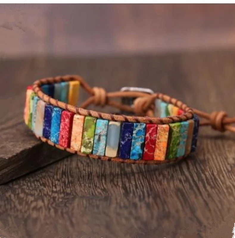 

7 Chakra Healing Natural Stone Tube Beads Bracelet bohemian Handmade Multi Color Leather Wrap Bracelet Yoga Couples Bracelets
