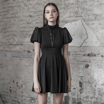 

PUNK RAVE Women's Gothic Back Love Hollow Black Dress Minimalist Style Rose Ribbon Elastic Knitted Bubble Sleeve Pleated Dress