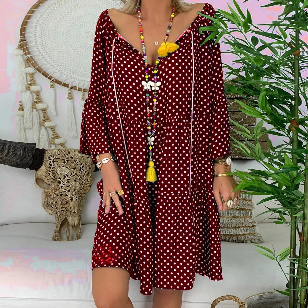Boho женское платье, женское свободное платье в горошек, рукав три четверти, мини платье, летнее платье, v-образный вырез, вечерние, Клубная туника, Пляжное Платье# G7