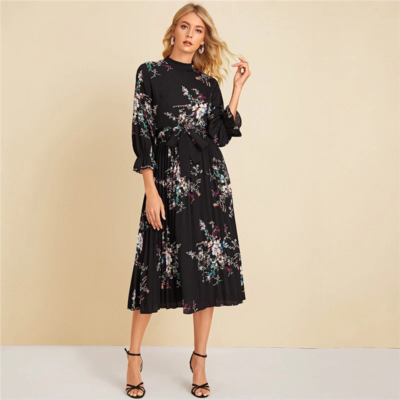 Sheinside Floral Print Flounce Sleeve Dress Women Autumn Pleated Hem A Line Dresses Ladies Casual Black Belted Dress