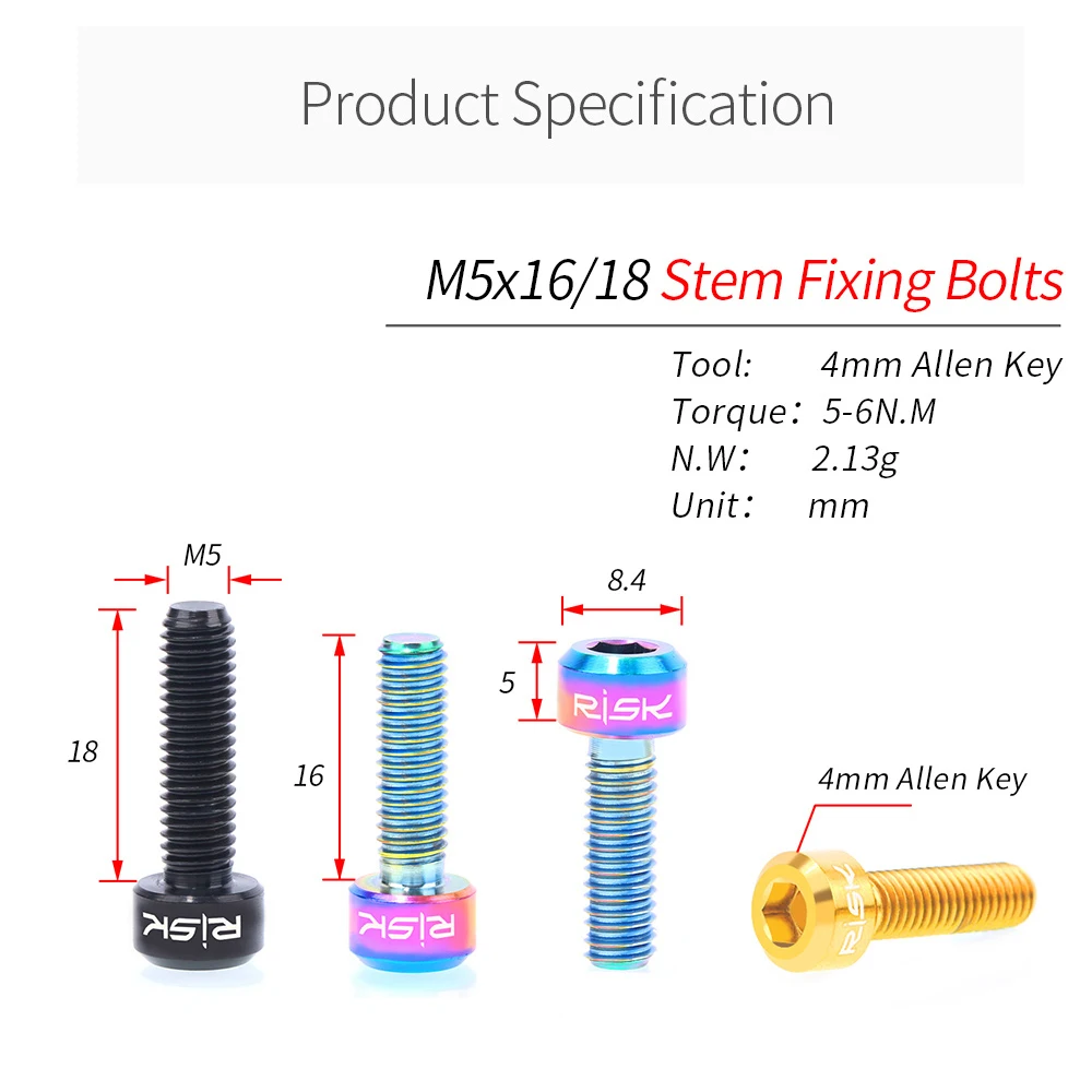 Bicycle Stem Bolts RISK 6pcs/box MTB Bike Titanium M5x16/18 Handlebar Stem Fixing For Front Back Derailleur Seatpost Clamp