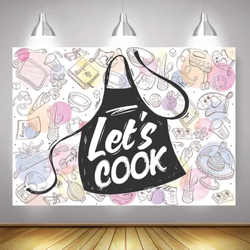 

Let's Cook Theme Party Decoration Photography Backdrop Cooking Black Apron Tableware Banner Photo Background Supplies Props