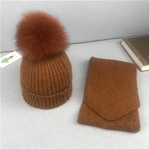 COFFEE Set Fox Ball Милые Детские Девочки помпон зимние наборы шарф шапка натуральный шарик из меха лисы мать дети теплые вязаные шапки бини родитель-Детские шапочки - Цвет: COFFEE Set Fox Ball