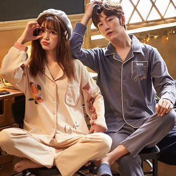 

New Fashion Men Pajama Sets Spring Autumn Pyjamas Set Nightwear Long-sleeve Cartoon Lovers Homewear Couples His-and-hers Clothes