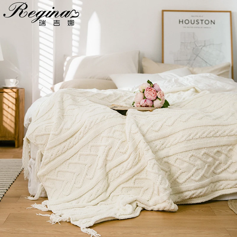 White Throw Queen Bed Soft Blanket Wool Sofa Coverlet Scandinavian Home Decor 