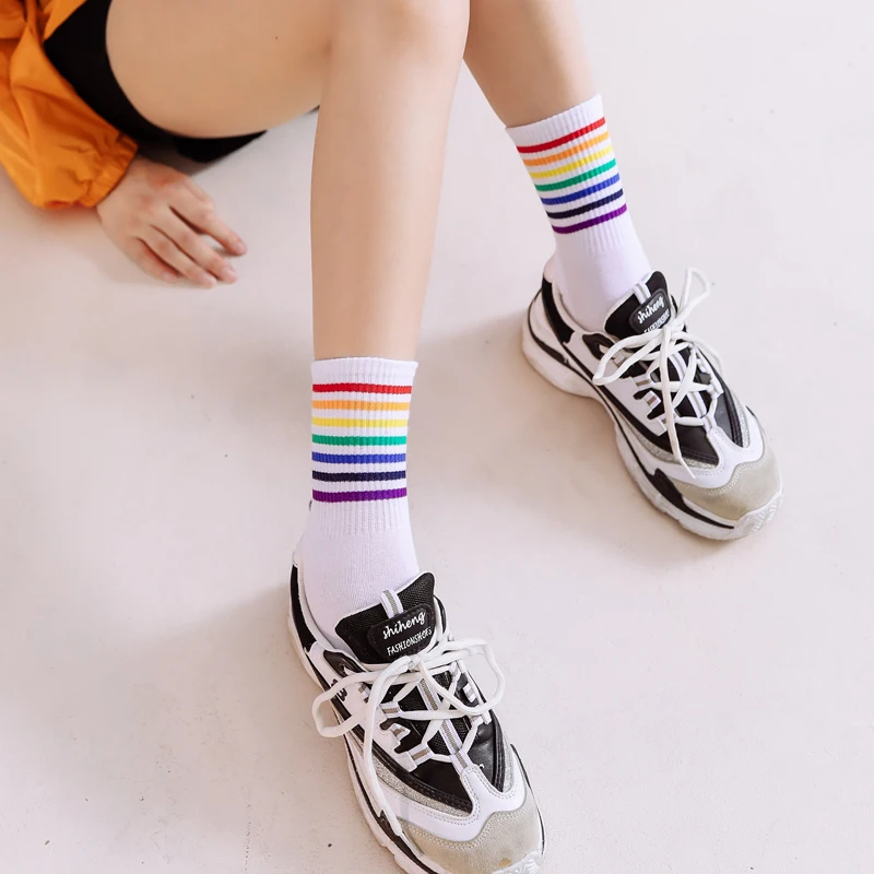 Унисекс полосатые мужские носки средней длины Harajuku цветные яркие смешные мужские носки 100 хлопок 1 пара Kawaii Радужный цвет размер 35-42