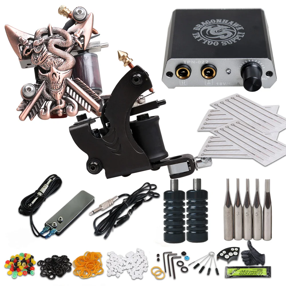 Beste Beginner Compleet Tattoo Kit 2 Machine Guns Voeding Naalden Grip Tip Set HW 10GD