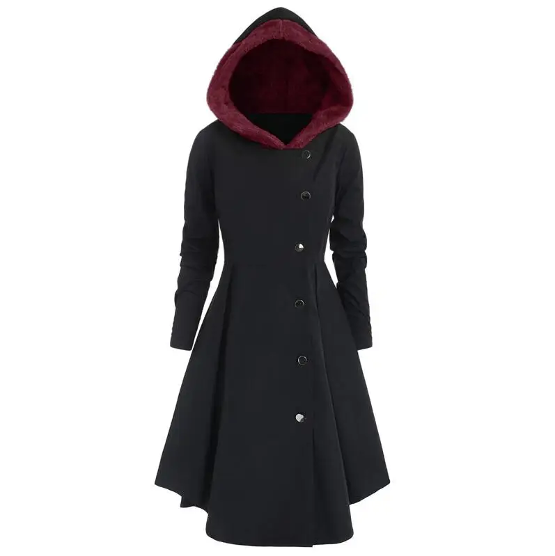 Асимметричное контрастное длинное пальто с капюшоном размера плюс, женское осеннее пальто с открытой передней частью, винтажное пальто, элегантная верхняя одежда - Цвет: black-wine red