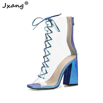 

2020 New Sexy PVC Transparent Gladiator Sandals Peep Toe Shoes Clear Chunky heels Sandals Women Boots Sandals