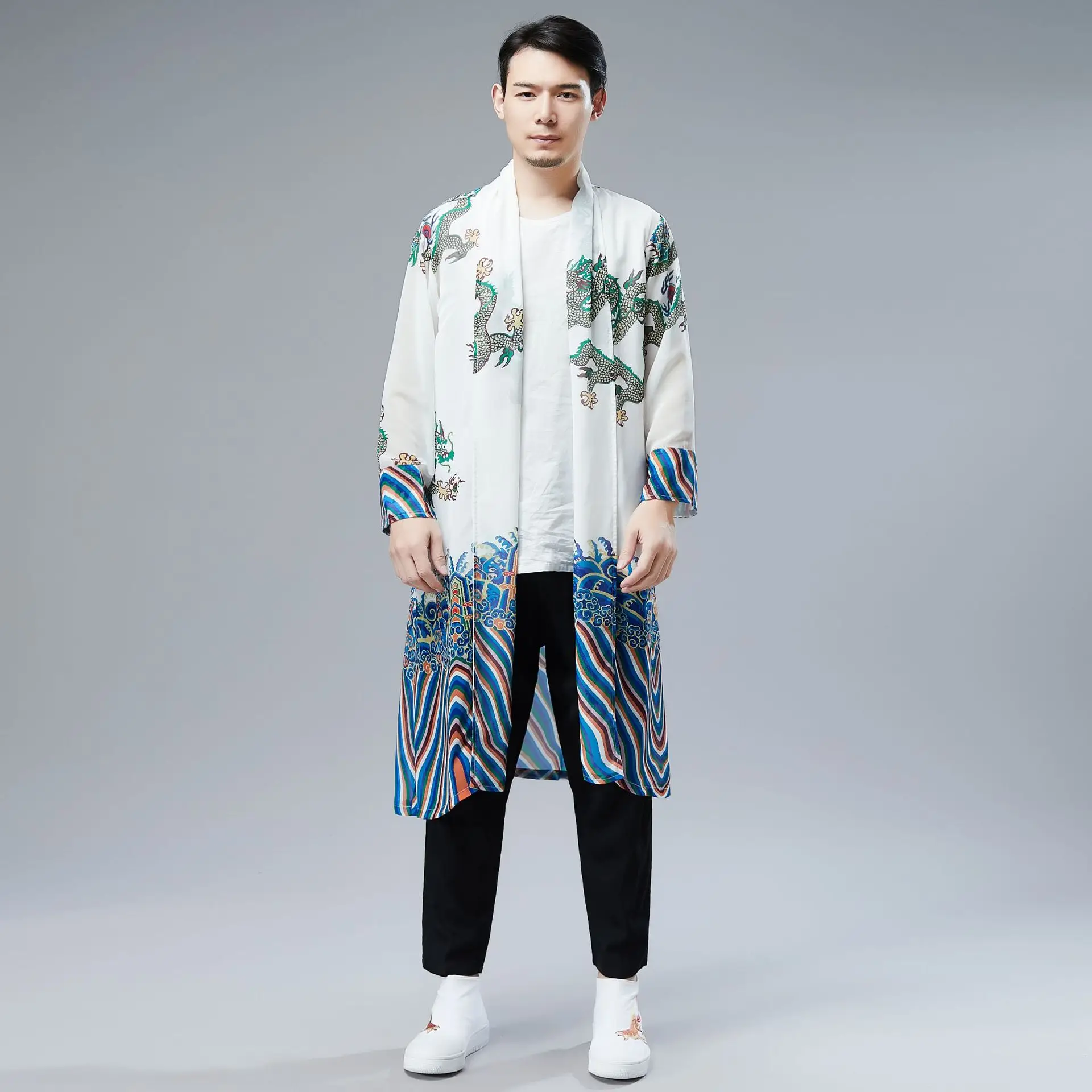 

Chinese-style ikon Chiffon Collar Casual Loose Style Chiffon Long-sleeved Shirt Men's Mid-length Antique Style Coat