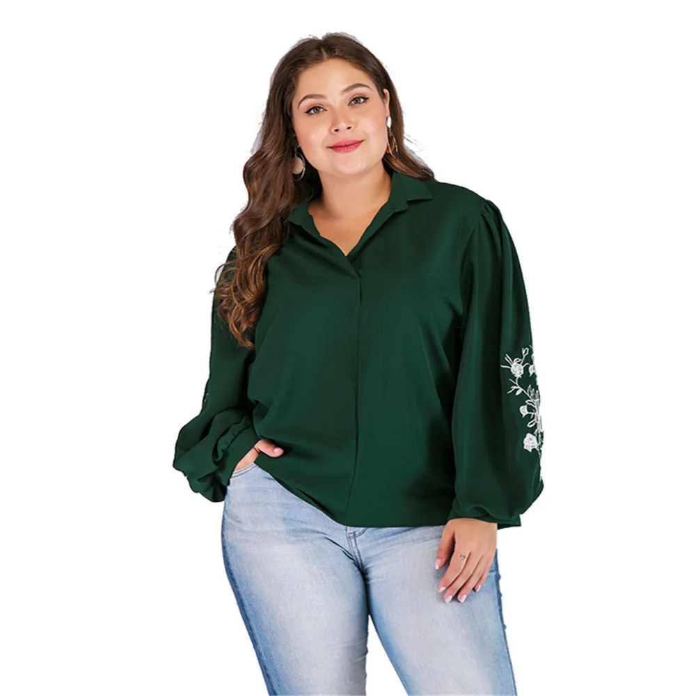 

4XL Woman Plus Size Fashion Floral Embroidery Casual Tops Elegant Turn-down Collar Lantern Sleeve Clothing OL Wear Loose Shirts