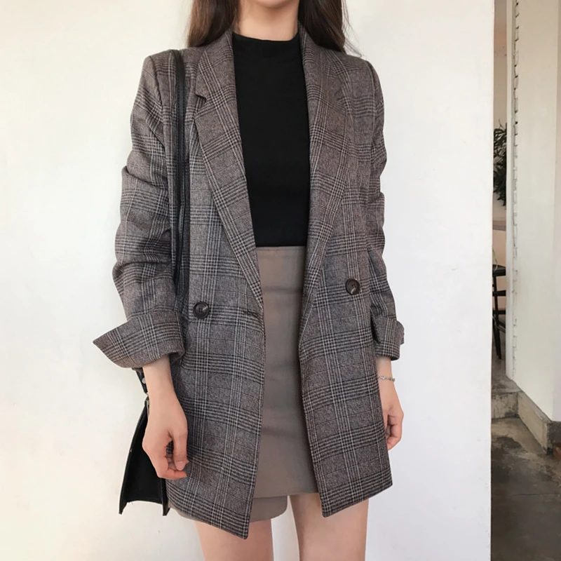 

New Autumn Cotton Long Sleeve Women Casual Vintage Check Coat Plaid Blazer Ladies Checkered Jacket