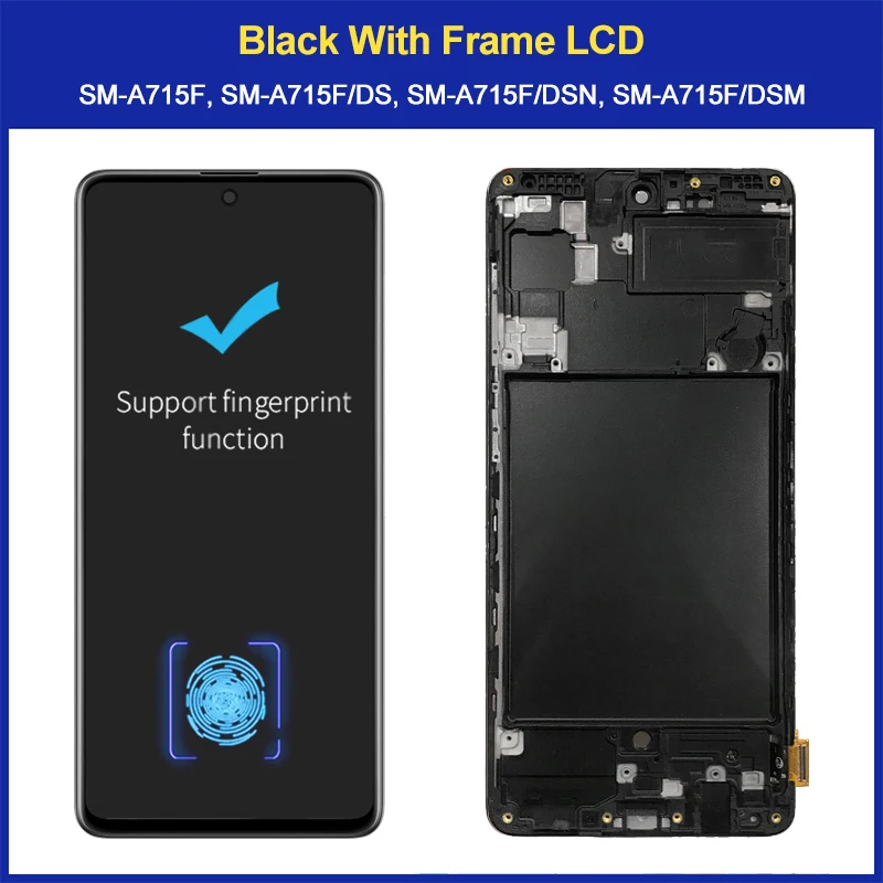 Super AMOLED A71 LCD Display For Samsung Galaxy A71 LCD Screen Touch Digitizer Assembly A715 A715FD With Frame Replacement Part cell phone lcd screen Phone LCDs