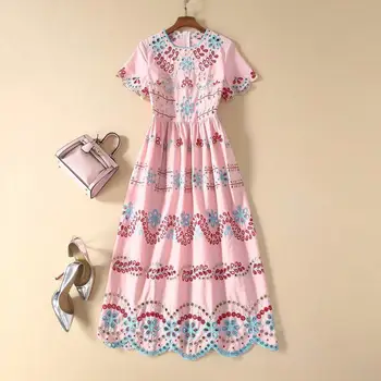 

Ladies Dress Spring Summer 2020 New Women's Sweet Elegant Round Neck Short Sleeve Hollow Out Embroidery Big Swing Dress Midi