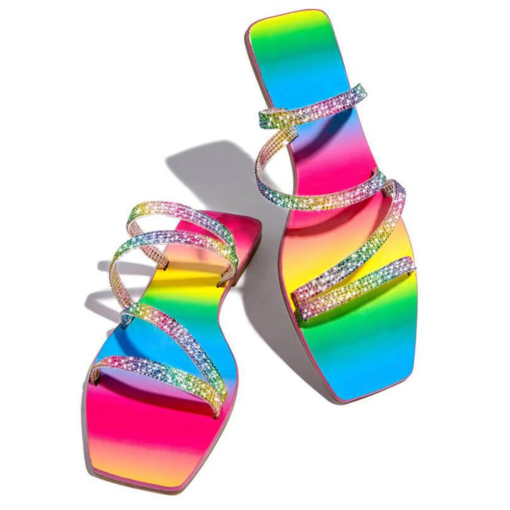 

New Women Sandals Summer Fashion Square Toe Sliders Women Rhinestone Rainbow Sandals Strap Crystal Slip On Slippers Size 37-40
