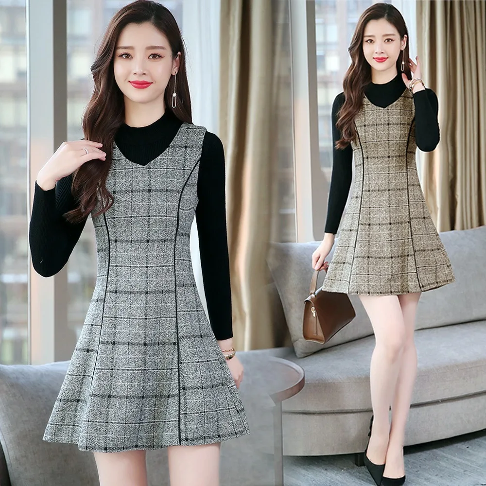 

Base Sweater Sweater Suspender Strap Woolen Plaid Vest Dress Two-Piece Set Women's Winter Skirt New Style 2019