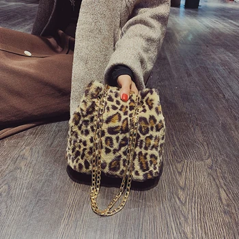 

Fashion Leopard Plush Crossbody For Women 2020 Chain Bucket Shoulder Bags Female Autumn Winter Fluffy Satchel Bag Fur Warm Bags