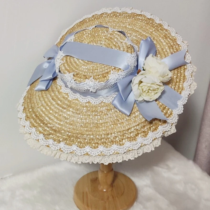 Japanese Lolita Straw Sun Hat Lace Patchwork Ribbon Bandage Bowknot Wide Brim Beach Flat Hat