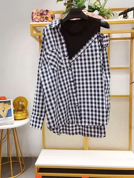 

Women Cotton Plaid Shirt Long Sleeve Off Shoulder Fashion Spring Autumn Blouse Top 2019 New