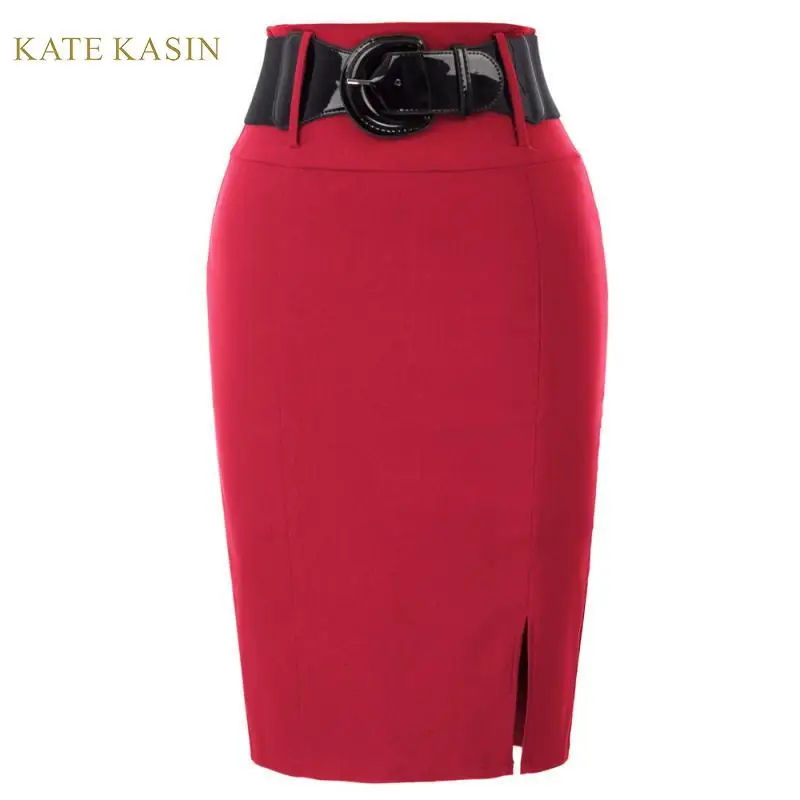 

Kate Kasin Women Stretchy Pencil Skirt Solid Color High Waist Formal Party Work Skirts with Belt Hips-Wrapped Midi Jupe Femme