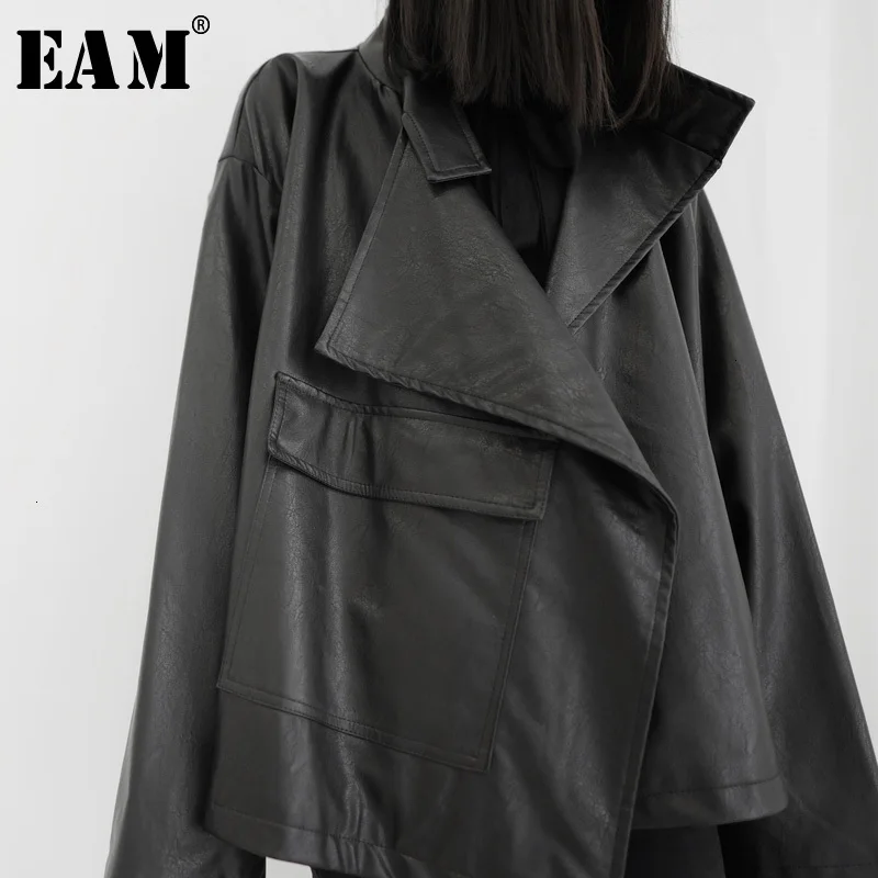 lower price  [EAM] Loose Fit Big Size Asymmetrical Pu Leather Jacket New Lapel Long Sleeve Women Coat Fashion Au