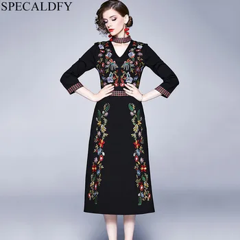

High Quality Fashion Floral Embroidery Vintage Dress Spring Women Halter neck OL Office Dress Lady Robe Femme