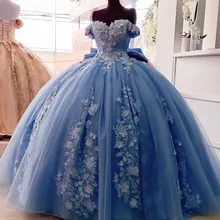 Mexicano empoeirado azul quinceanera vestido com 3d floral apliques vestidos xv años doce 16 vestido arco robe de soirée 2022