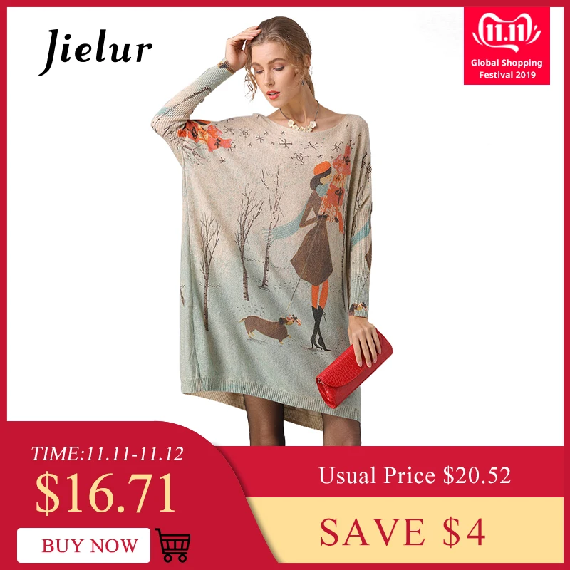 Preise Jielur Cartoon Gedruckt Pullover für Frauen Plus Größe Langarm Kawaii Gestrickte Pullover Frühling Herbst Lustige Pullover Grundlegende Jumper